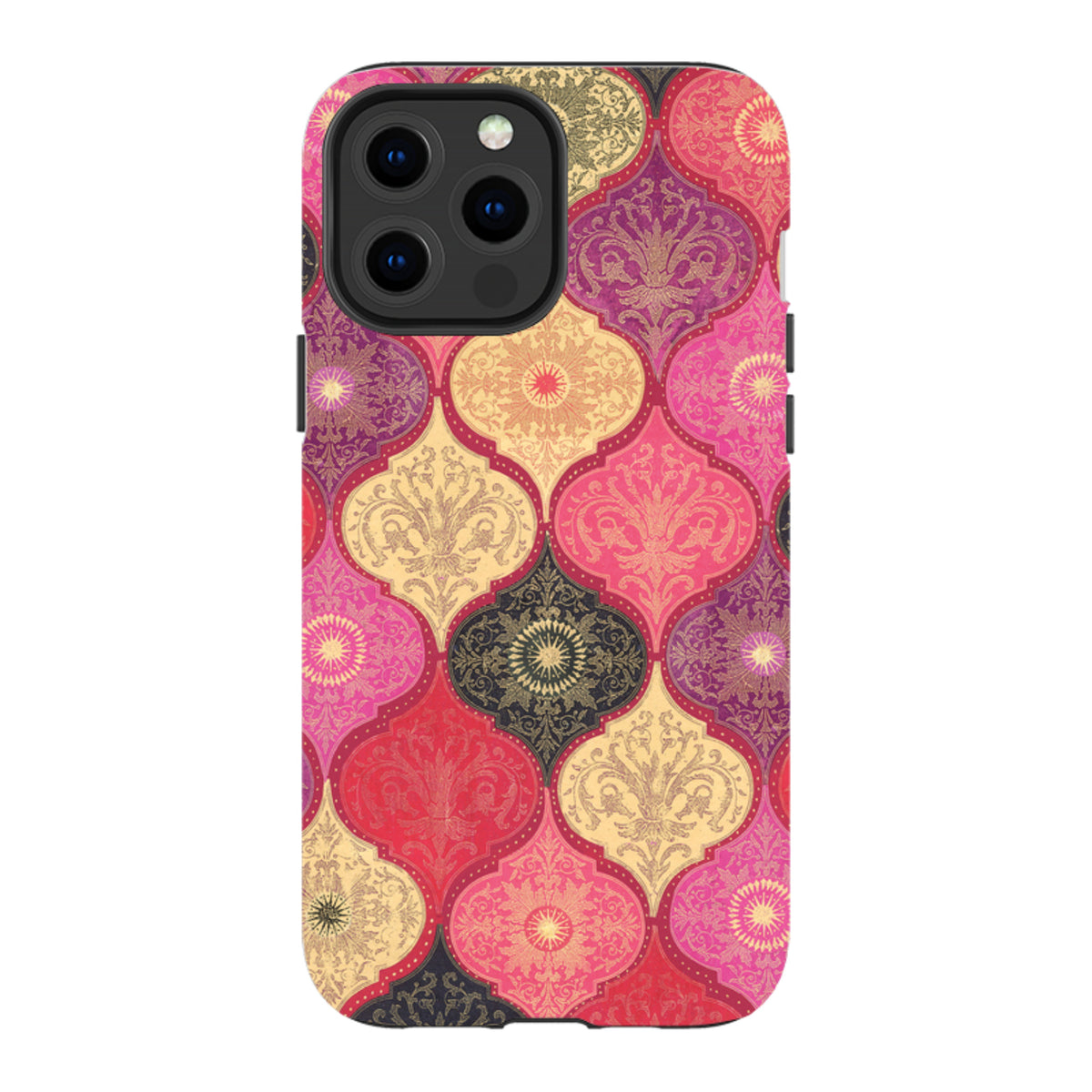 iPhone tough case featuring a vibrant red, gold, and black damask pattern with a protective dual-layer design.