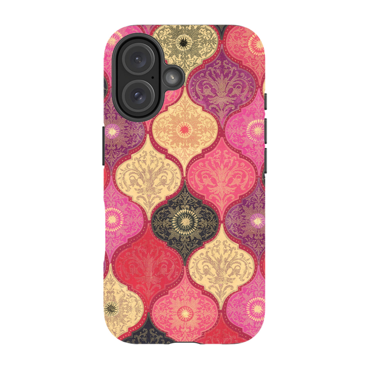 iPhone tough case featuring a vibrant red and gold damask pattern with a protective dual-layer design and camera cutout.