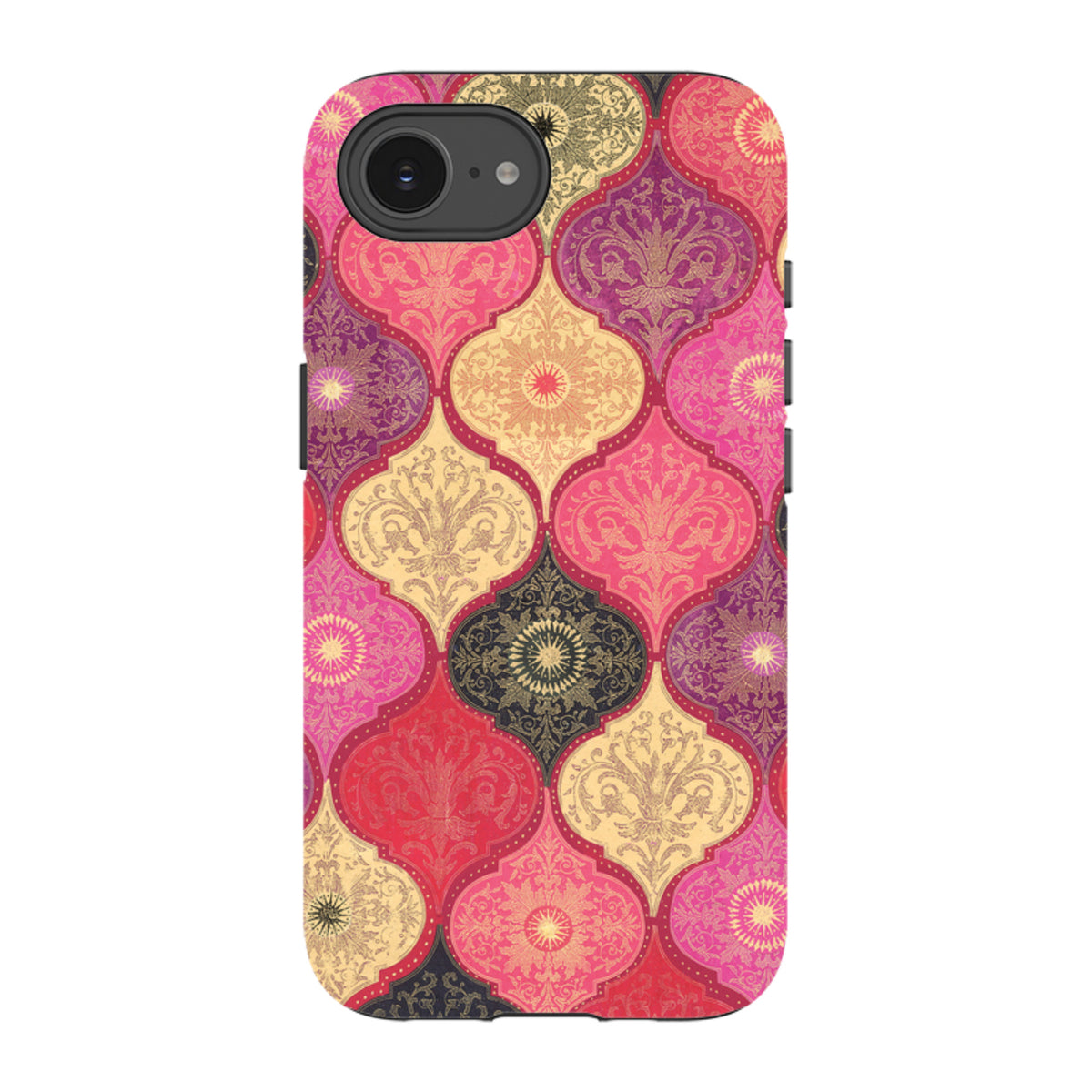 iPhone tough case featuring a vibrant red and gold damask pattern with dual-layer protection and precise camera cutouts.