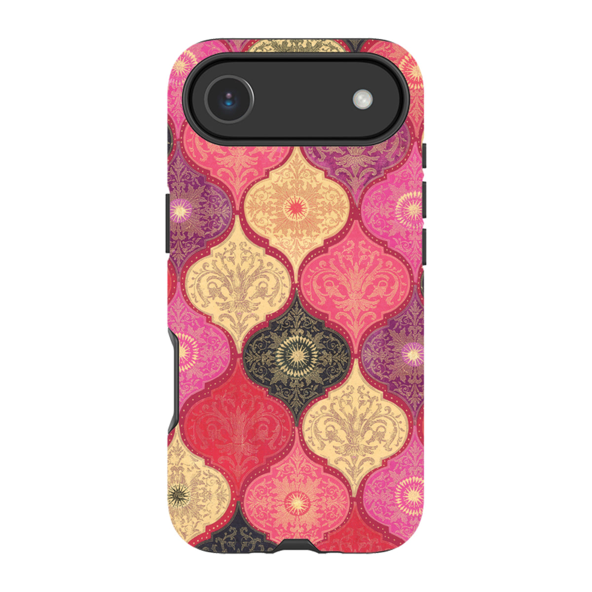 iPhone tough case featuring a vibrant red and gold damask pattern with a protective dual-layer design and camera cutout.