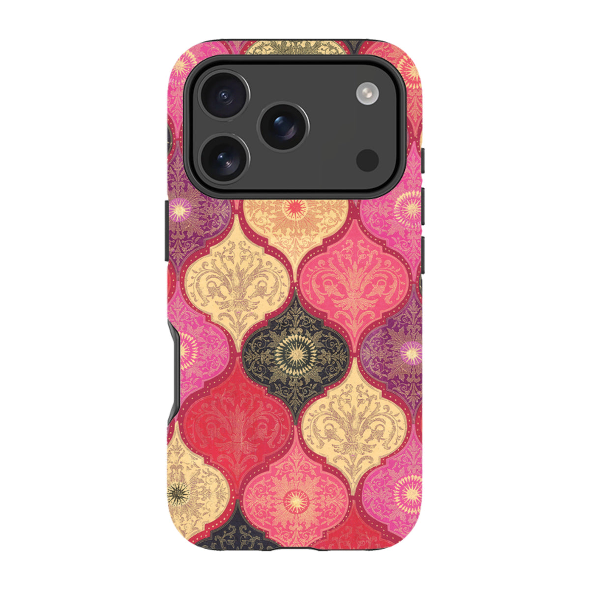 iPhone tough case with a red and gold damask pattern, featuring a dual-layer design and protective camera cutout.