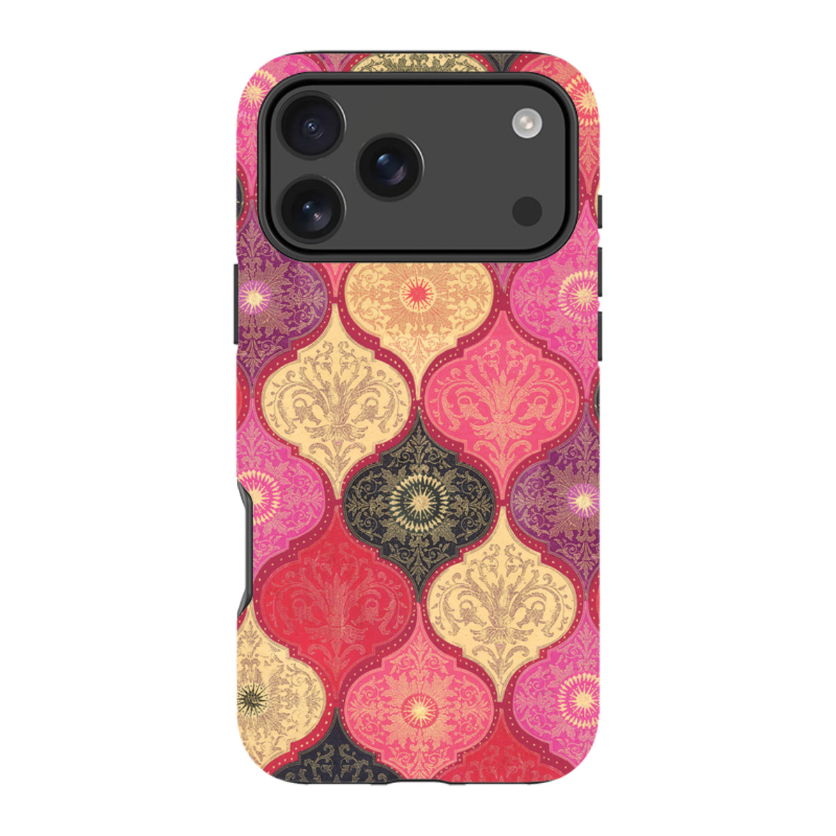 iPhone tough case with a vibrant red and gold damask pattern, featuring a dual-layer design and protective camera cutout.