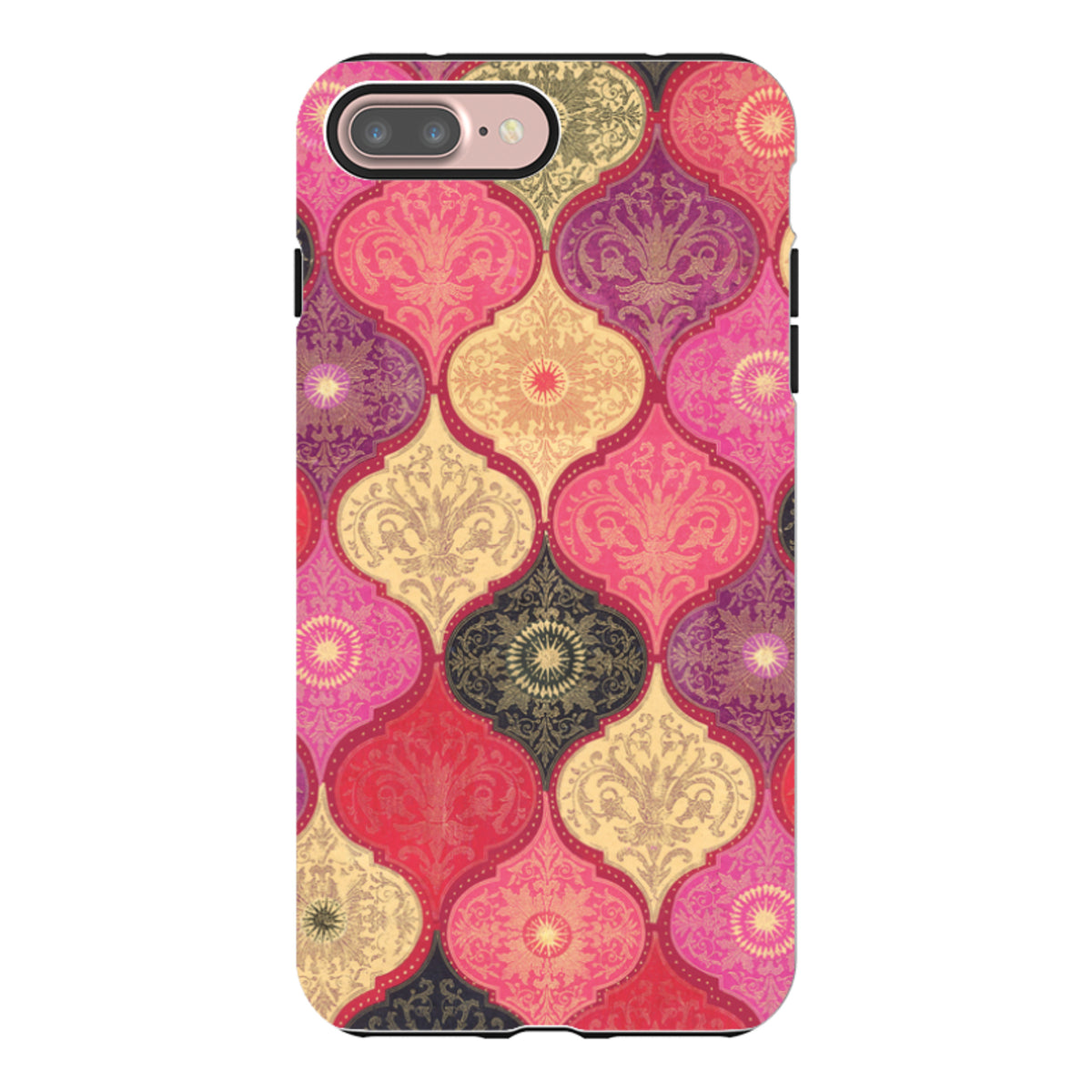 iPhone tough case featuring a vibrant red and gold damask pattern with dual-layer protection and precise camera cutouts.