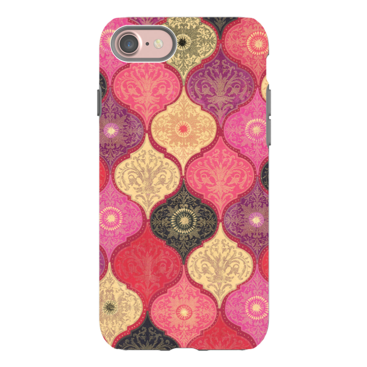 iPhone tough case with a red and gold damask pattern, featuring a dual-layer design and precise camera cut-outs.