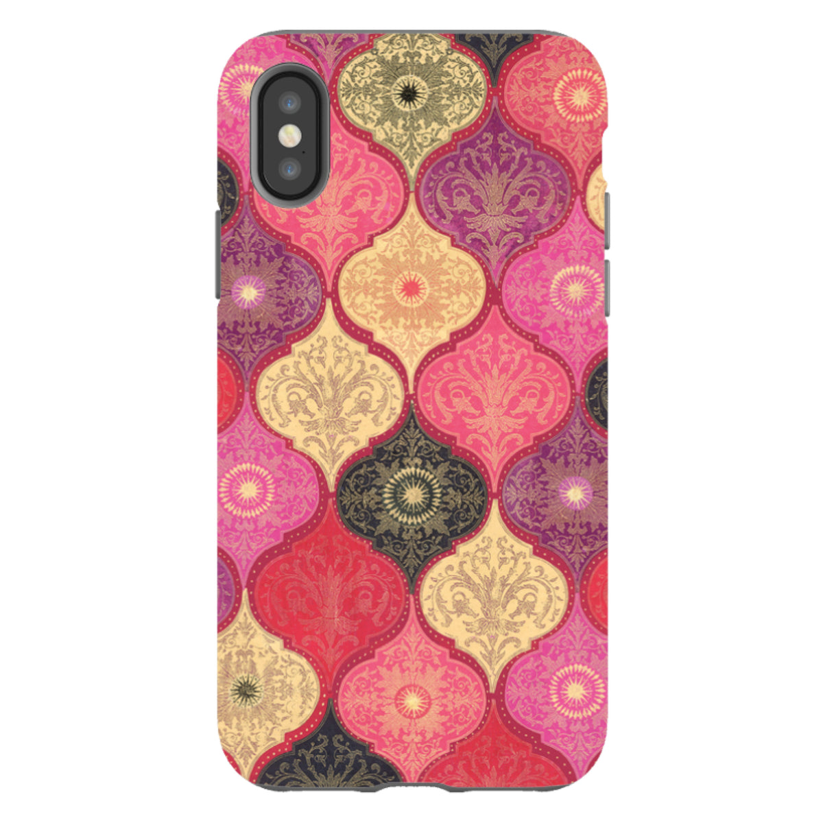 iPhone tough case featuring a vibrant red and gold damask pattern with dual-layer protection and a precision fit.
