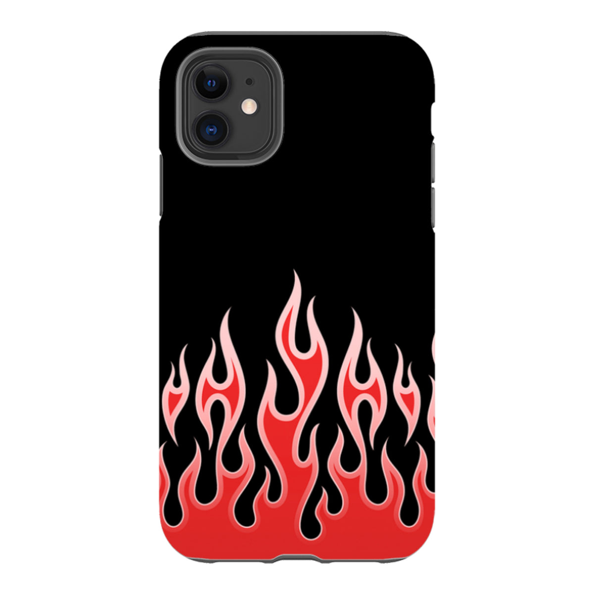 Dual-layer iPhone tough case featuring a vibrant red flame design on a sleek black background.