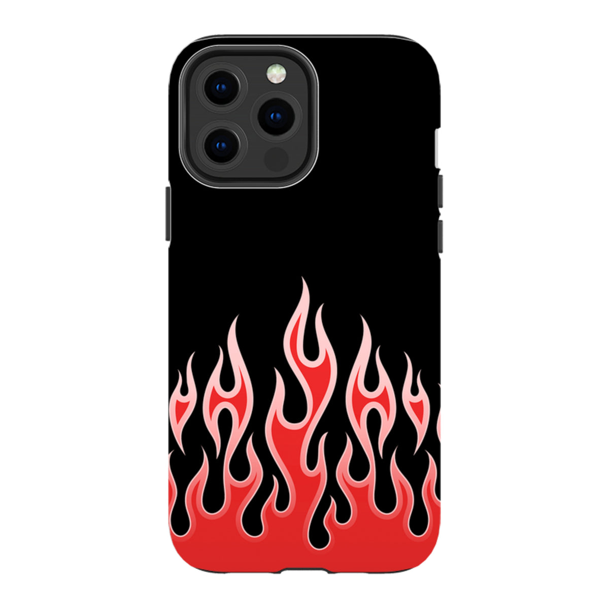 iPhone tough case with a black background and vibrant red flame graphic design featuring dual-layer protective construction.