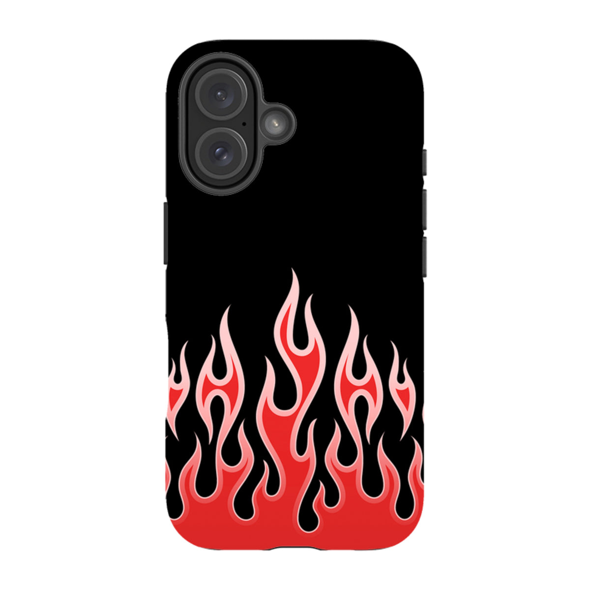 iPhone tough case with a black background and vibrant red flame graphic design featuring dual-layer protective construction.