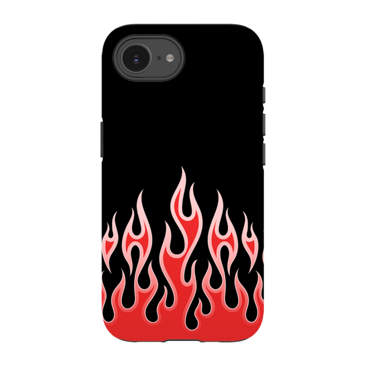 iPhone tough case with a black background and vibrant red flame graphic design, featuring a durable dual-layer construction.