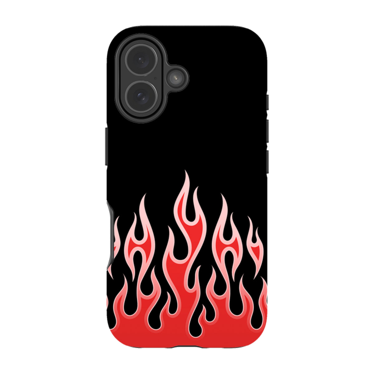 iPhone tough case with a black background and vibrant red flame graphic design, featuring dual-layer protective construction.