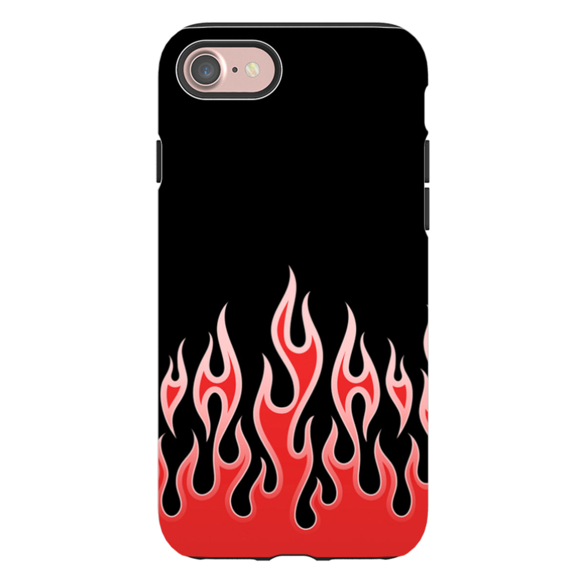 Dual-layer iPhone tough case featuring a high-definition red flame design on a black background with raised camera protection.