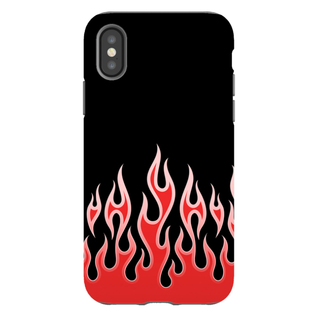 Dual-layer iPhone tough case featuring a vibrant red flame design on a sleek black background.