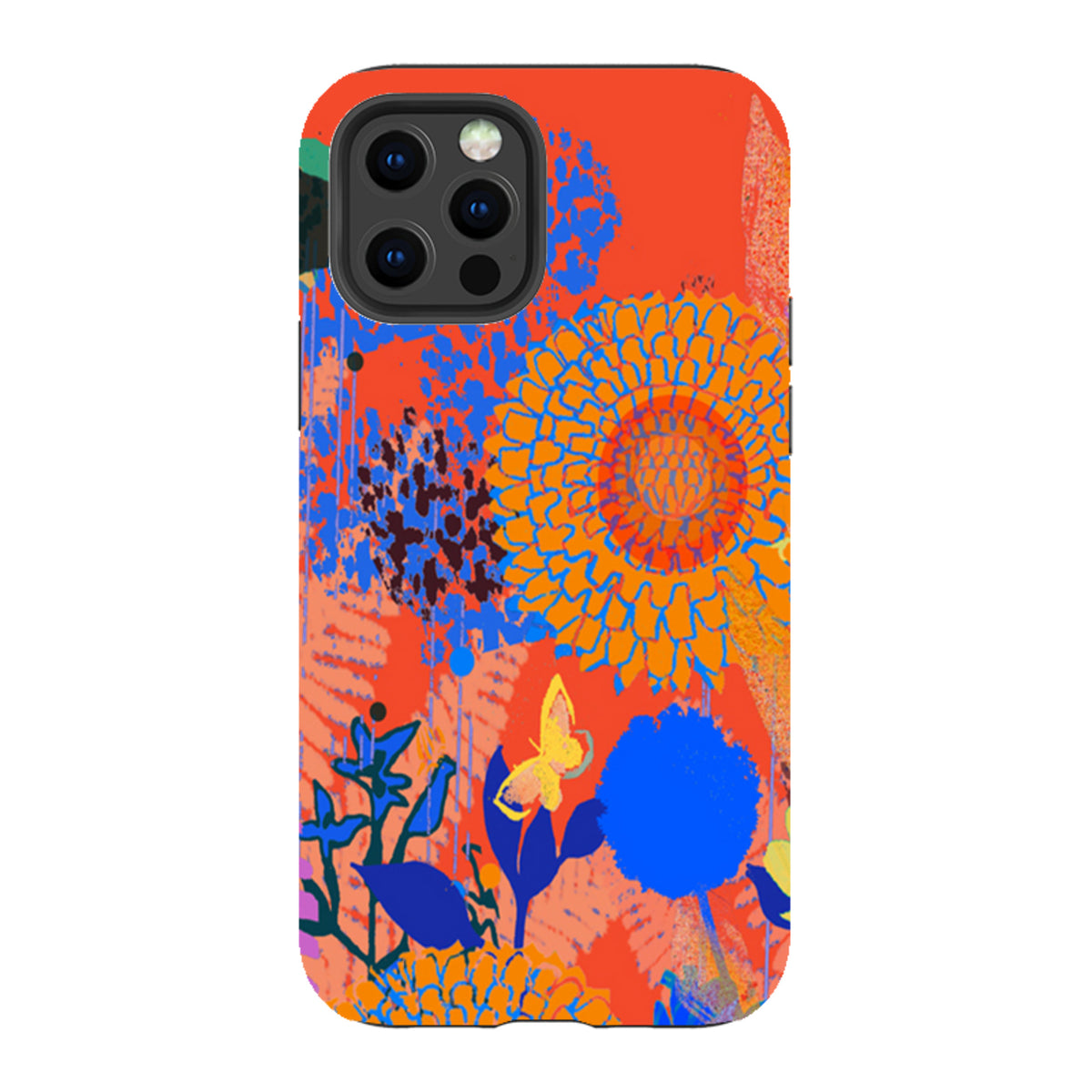 iPhone tough case with vibrant red, orange, and blue floral artwork and a protective dual-layer design.