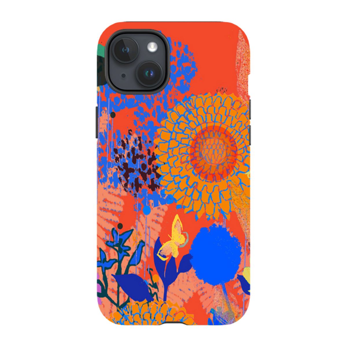 Dual-layer iPhone tough case featuring vibrant red, blue, and orange floral abstract art by Tiffany Lynch.