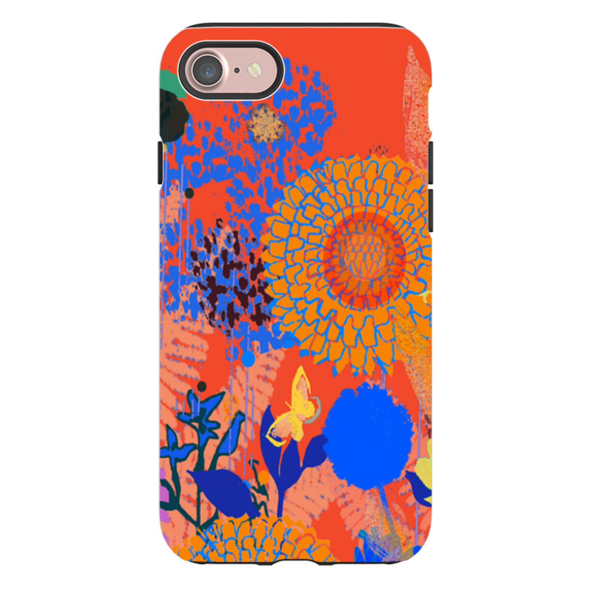 Red iPhone tough case featuring vibrant floral artwork with blue and orange flowers and a butterfly design.