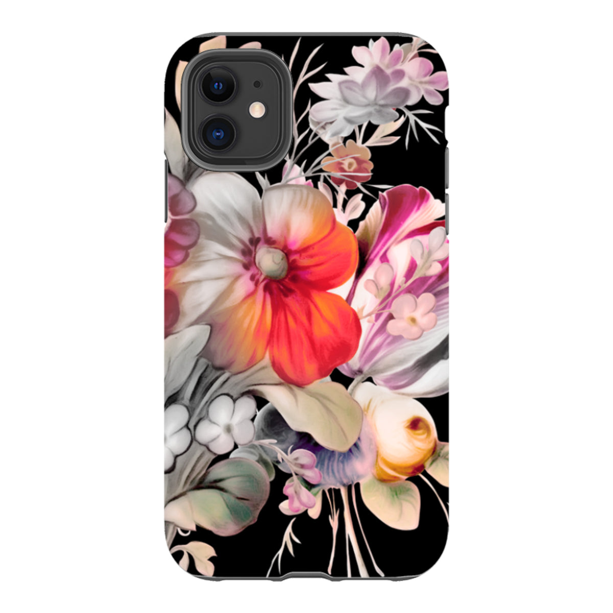 iPhone Tough Case in Redcar design featuring vibrant floral artwork on a black background with dual-layer protection.