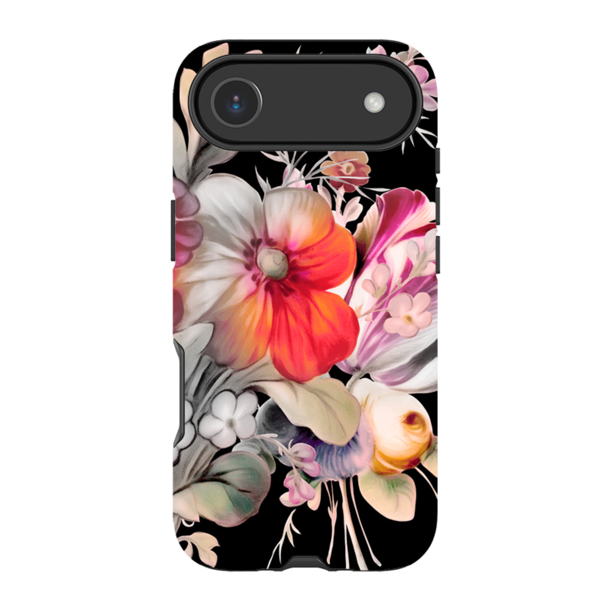 Redcar dual-layer iPhone tough case featuring a vibrant floral art print on a black background with raised camera protection.