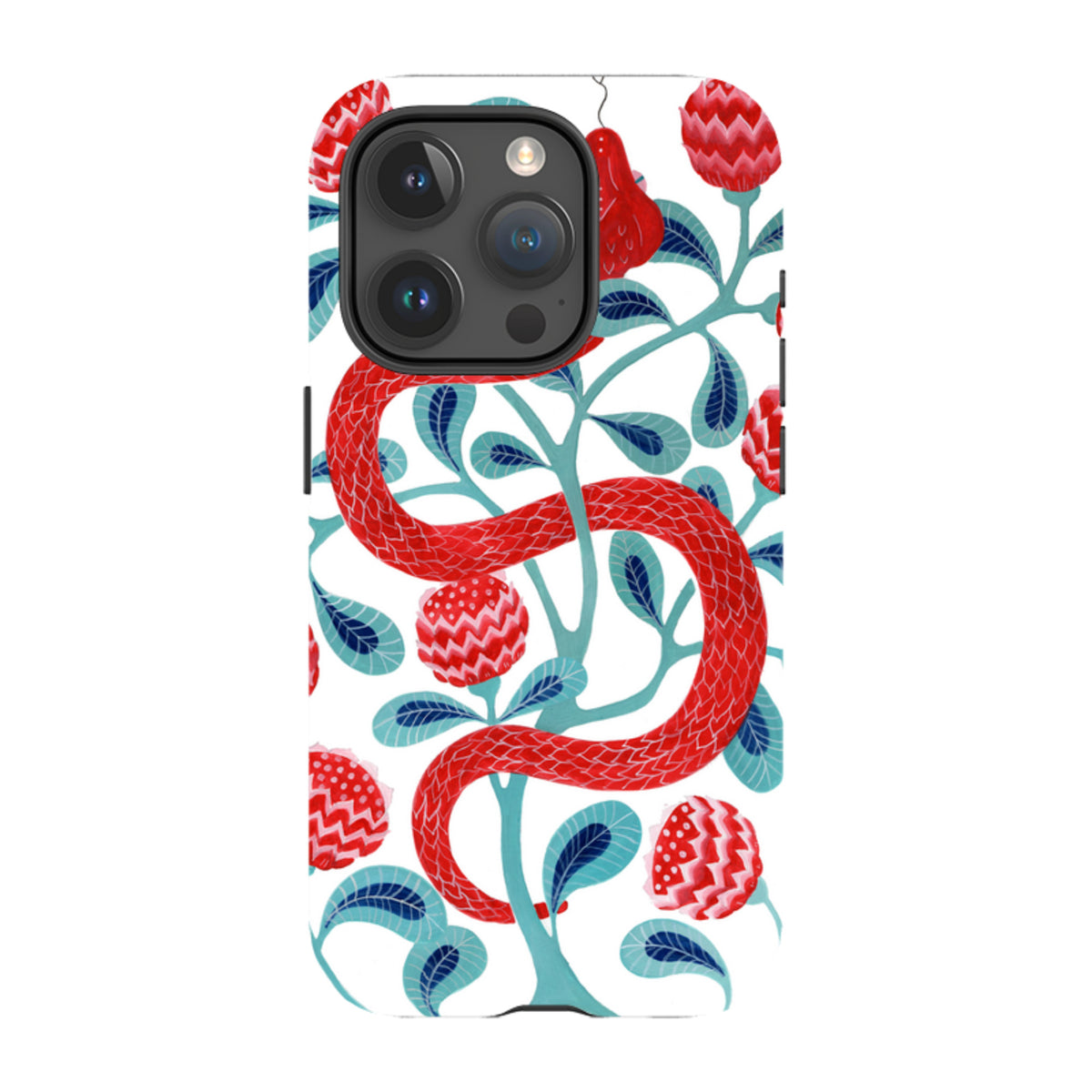 iPhone tough case featuring a red snake and floral pattern by Bex Parkin on a white dual-layer protective shell.