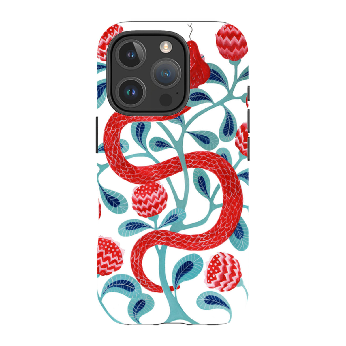 Dual-layer iPhone tough case featuring a red snake and floral pattern by Bex Parkin on a white background.