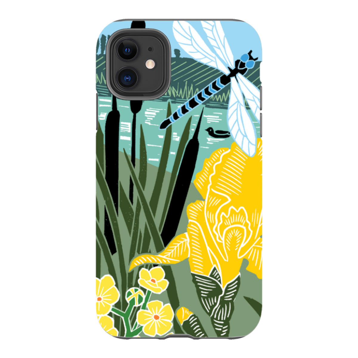 iPhone Tough Case featuring Riverside artwork with a dragonfly, yellow flowers, and reeds in a vibrant nature print.