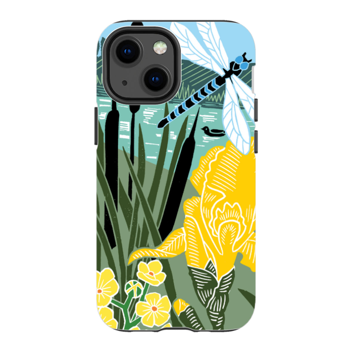iPhone Tough Case featuring Kate Heiss Riverside art with a dragonfly, yellow irises, and river landscape in dual-layer.