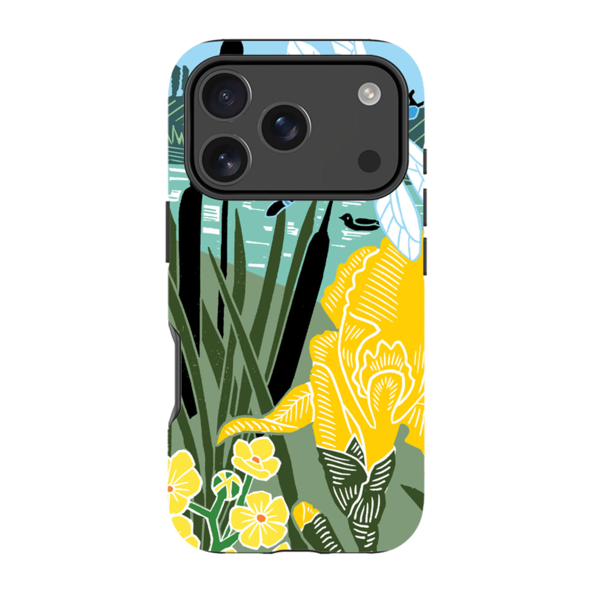 iPhone tough case featuring Kate Heiss Riverside art with yellow irises, green reeds, and a blue river landscape.