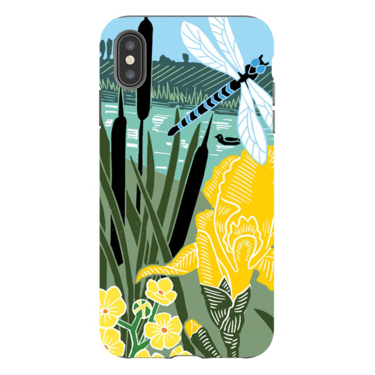 iPhone tough case featuring Kate Heiss's Riverside art with a blue dragonfly, yellow iris, and cattails by a river.