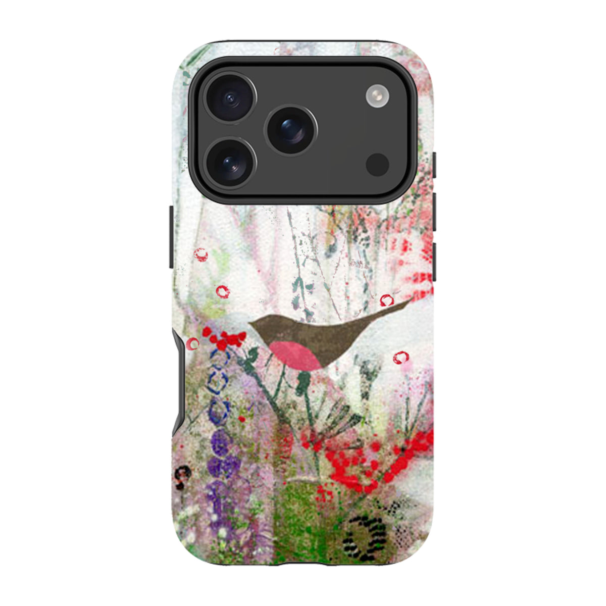Dual-layer iPhone tough case featuring a robin and berries art print with a protective black camera bezel and frame.
