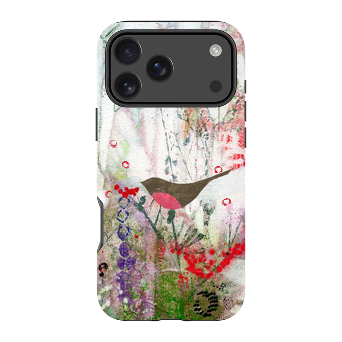 Dual-layer iPhone tough case featuring a robin and berries art print with a protective black camera bezel and frame.