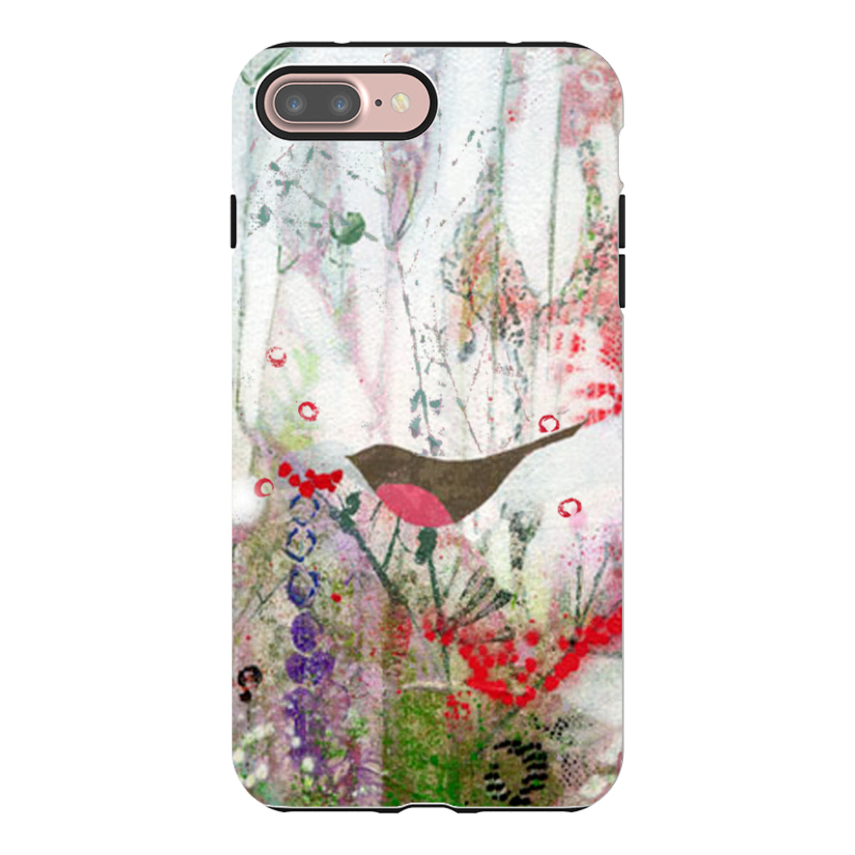 Dual-layer iPhone tough case featuring a robin and berries art print with a protective black TPU liner and camera cutout.