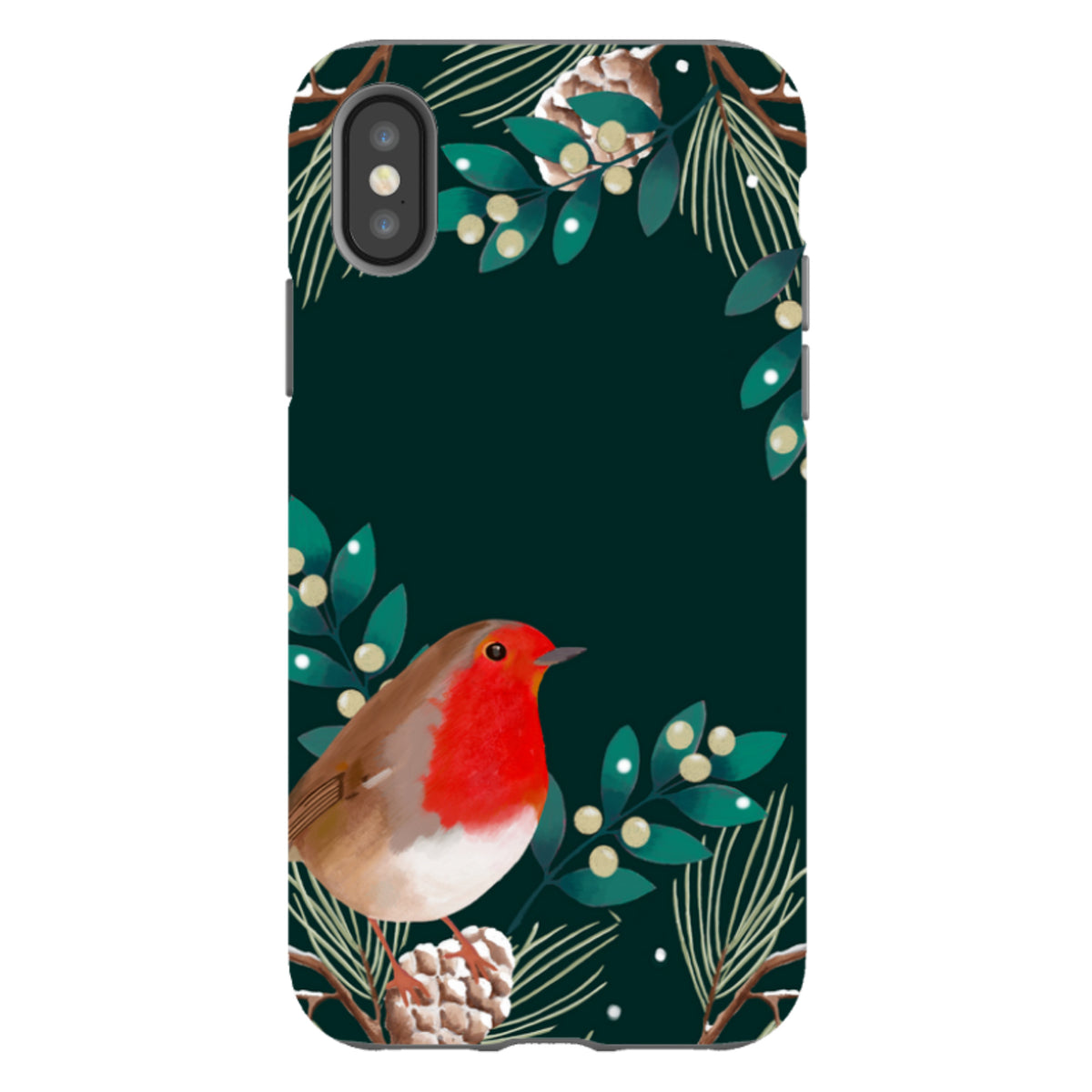 iPhone tough case with a robin, pine cones, and green foliage on a dark background, featuring a dual-layer protective design.