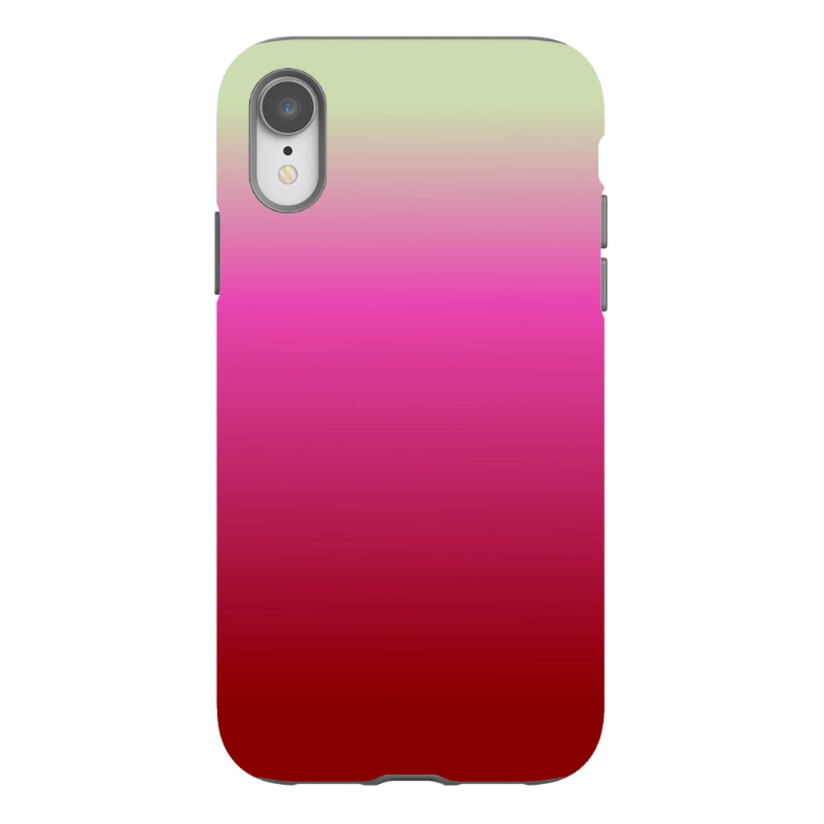 iPhone tough case with a smooth gradient transitioning from pale green to vibrant pink and deep red.