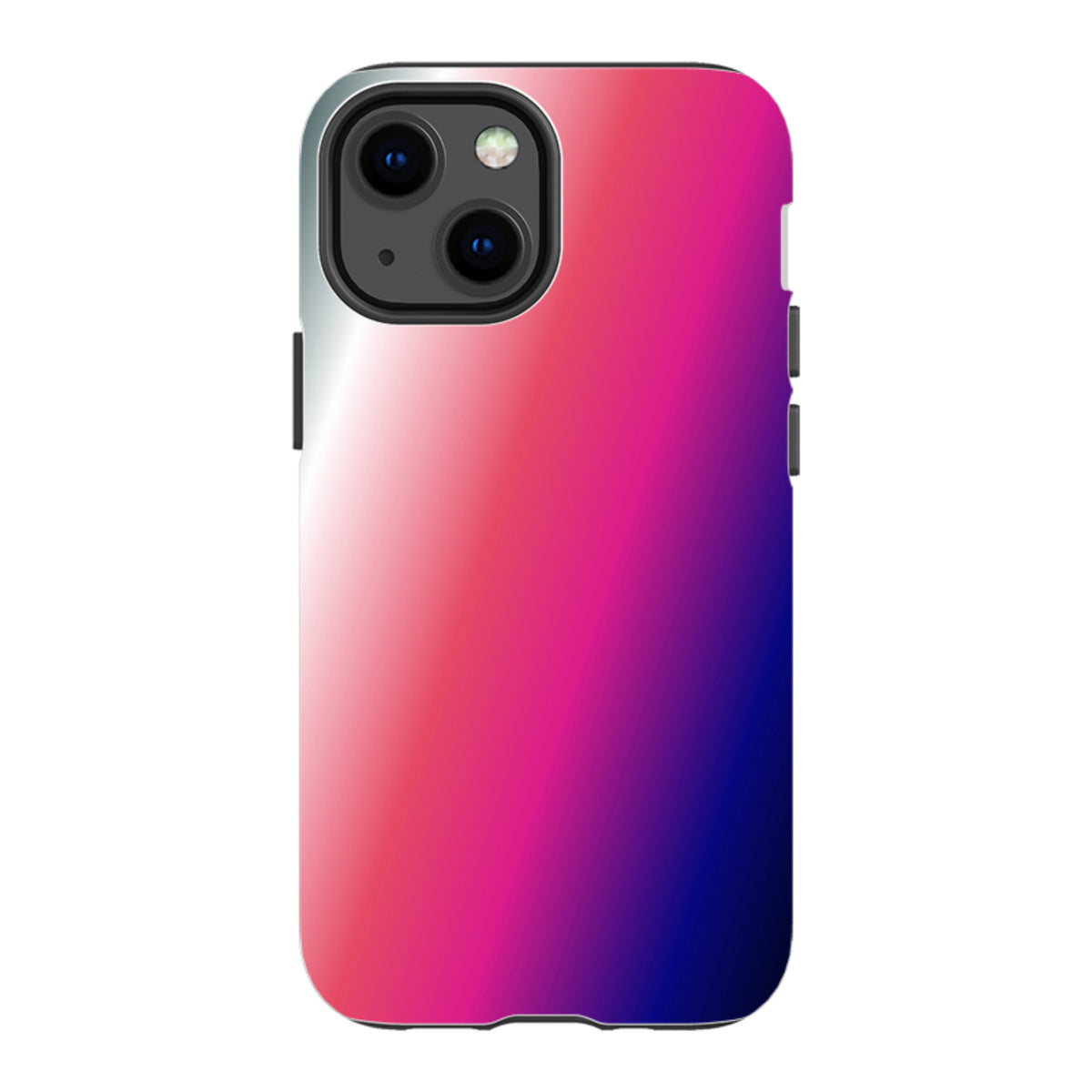 iPhone tough case with a vibrant white, pink, and blue gradient design by Kitty Joseph, featuring a dual-layer protective shell.
