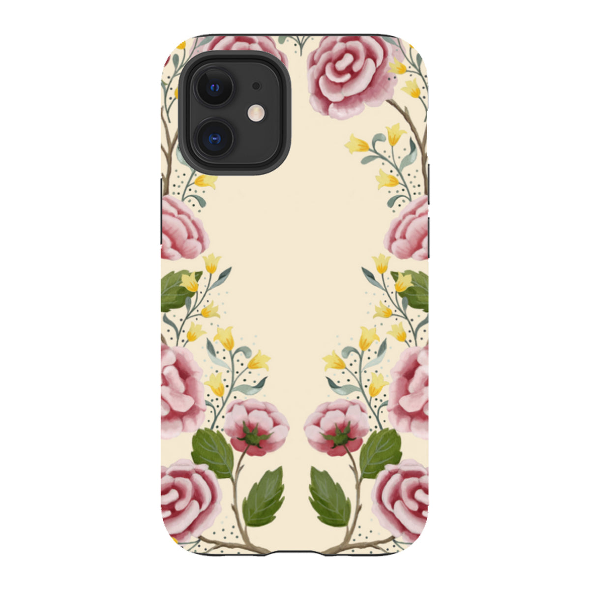 iPhone tough case featuring a cream background with a decorative watercolor floral pattern of pink roses and yellow buds.
