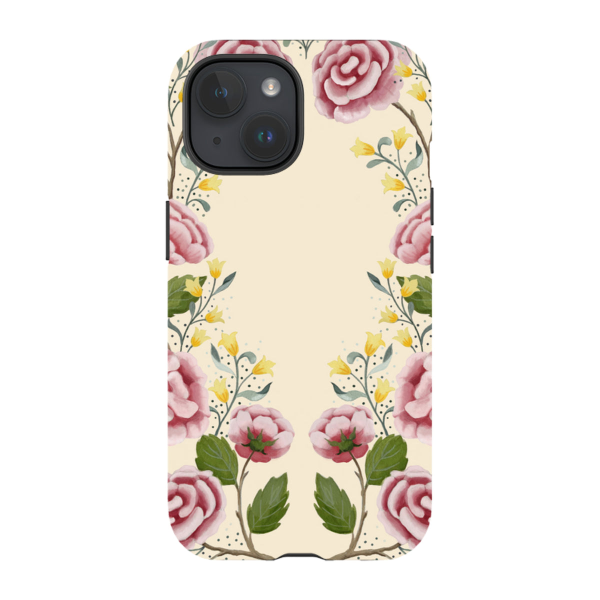 iPhone tough case featuring a cream background with a watercolor floral pattern of pink roses and yellow wildflowers.