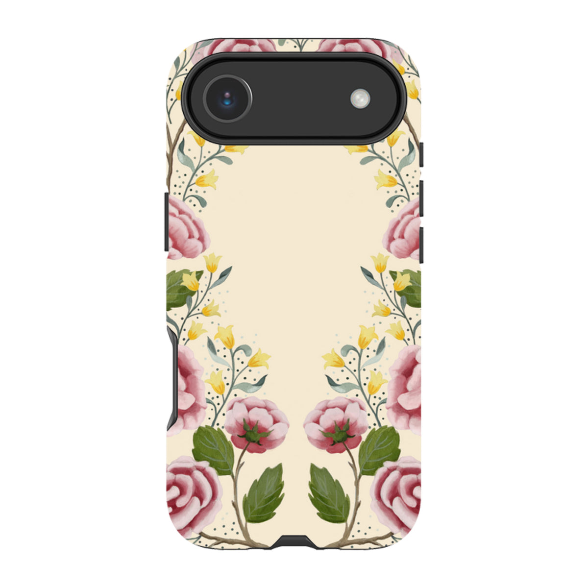 Dual-layer iPhone tough case featuring a cream background with watercolor pink roses and yellow floral accents.