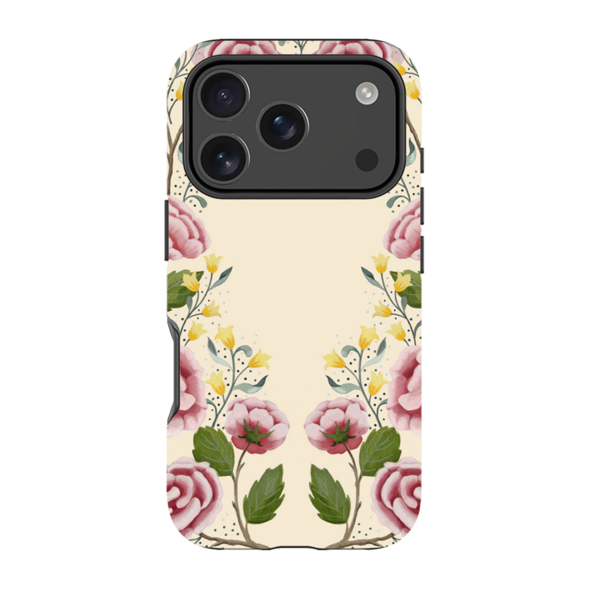 iPhone tough case featuring a cream background with pink roses and yellow floral accents by Bex Parkin.