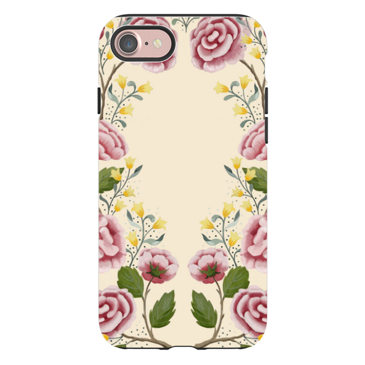 Dual-layer iPhone tough case featuring a cream background with pink roses and yellow floral accents by Bex Parkin.