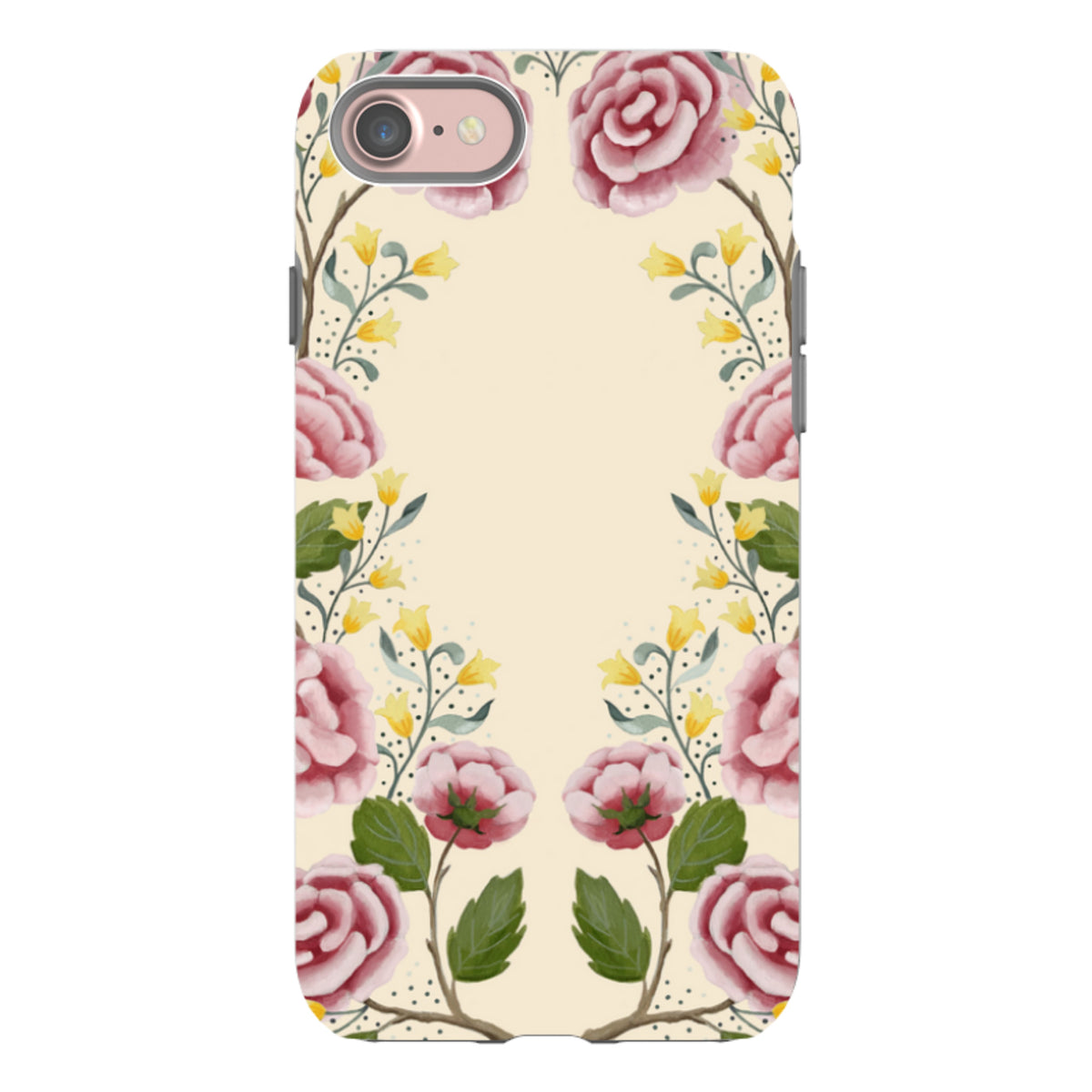 iPhone Tough Case featuring a cream background with a decorative floral pattern of pink roses and yellow wildflowers.