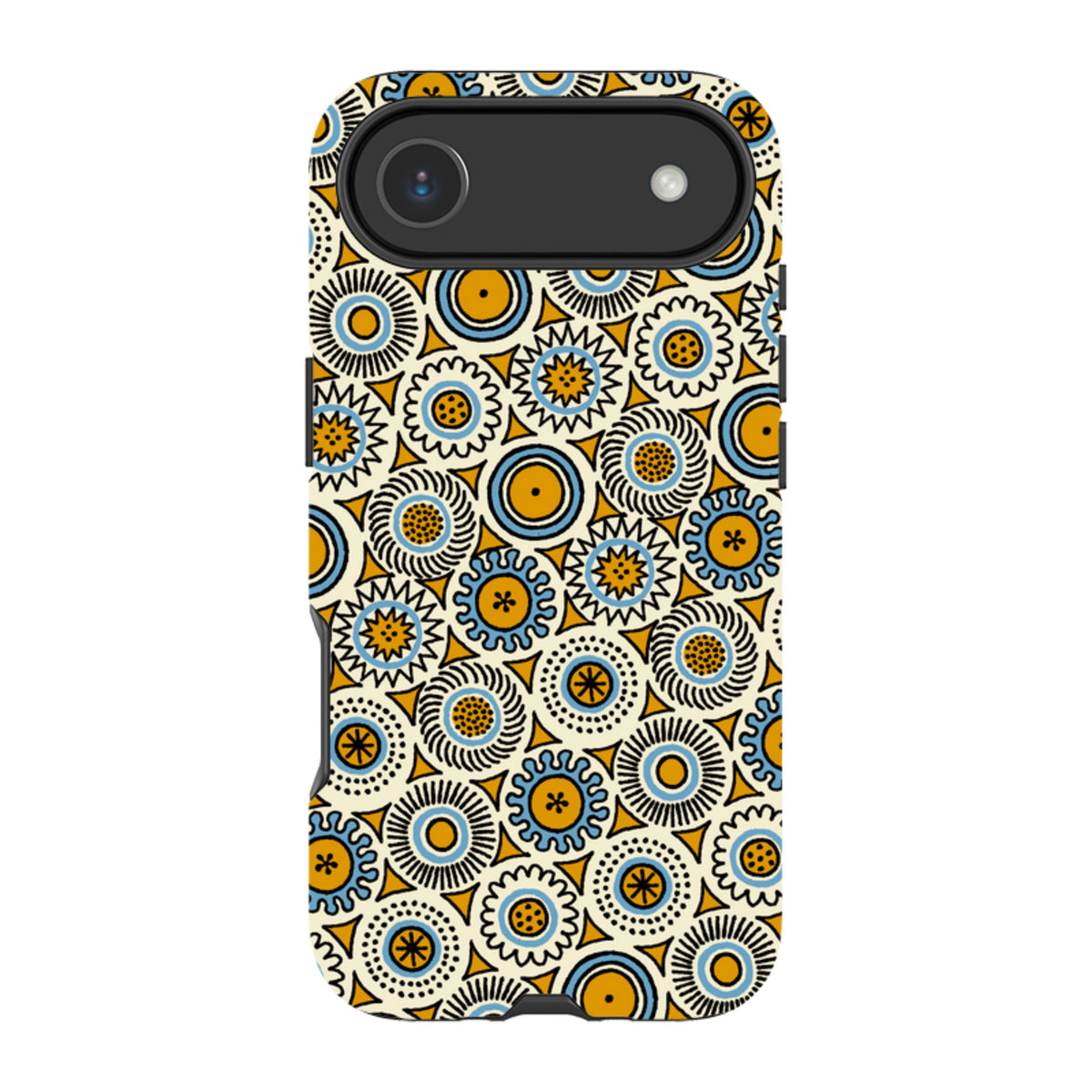 iPhone tough case featuring a vibrant yellow, blue, and black geometric roundel pattern by Cressida Bell.