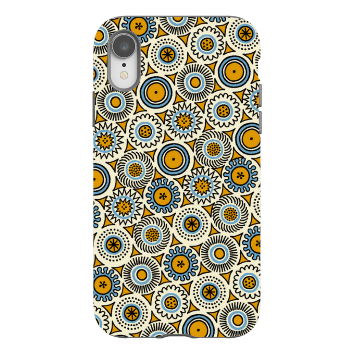 iPhone tough case featuring a vibrant blue, yellow, and cream circular geometric pattern by Cressida Bell.