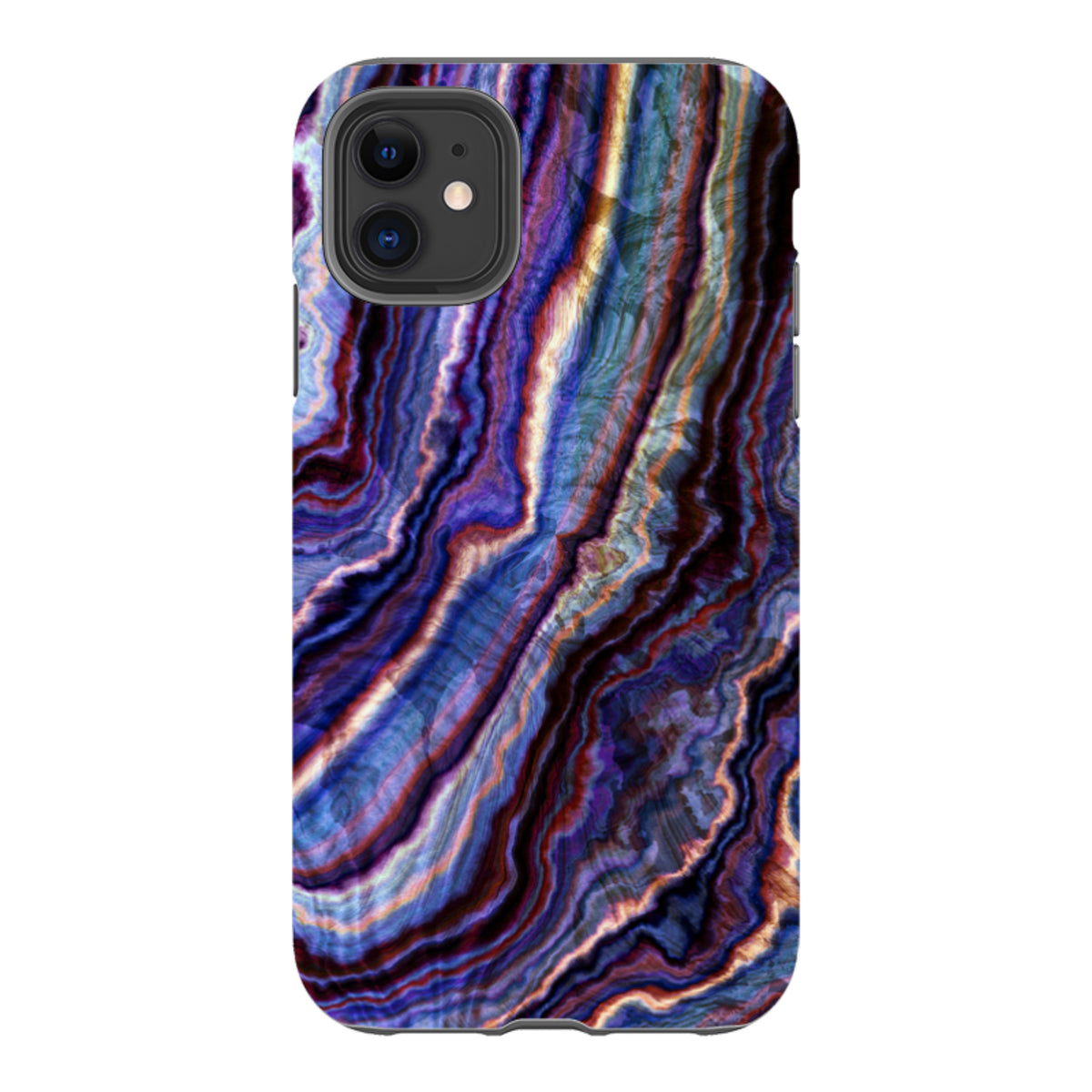 iPhone tough case featuring a royal agate design with swirling blue, purple, and gold patterns in a dual-layer finish.