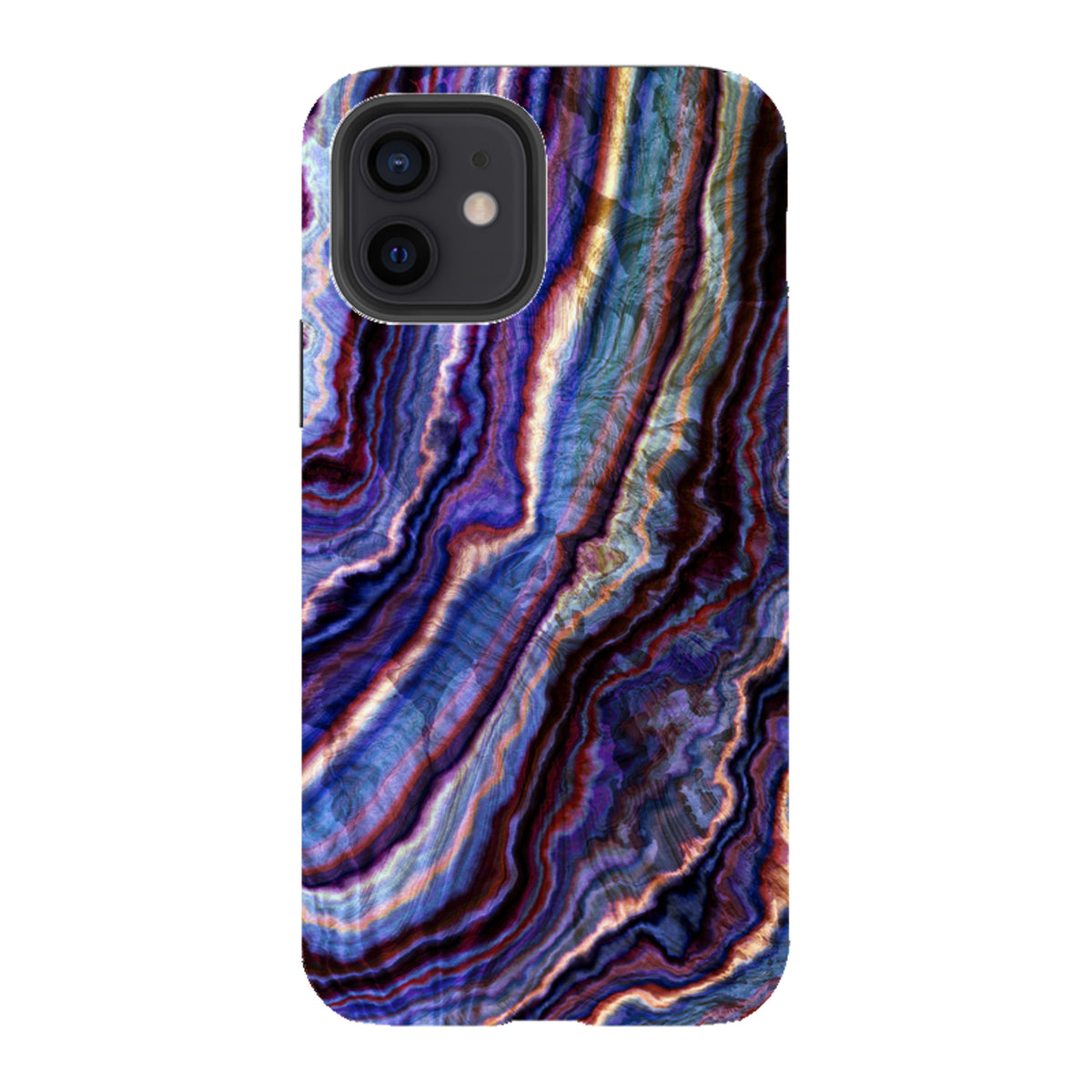 Royal Agate iPhone tough case with a dual-layer design featuring swirling purple, blue, and gold marble patterns.