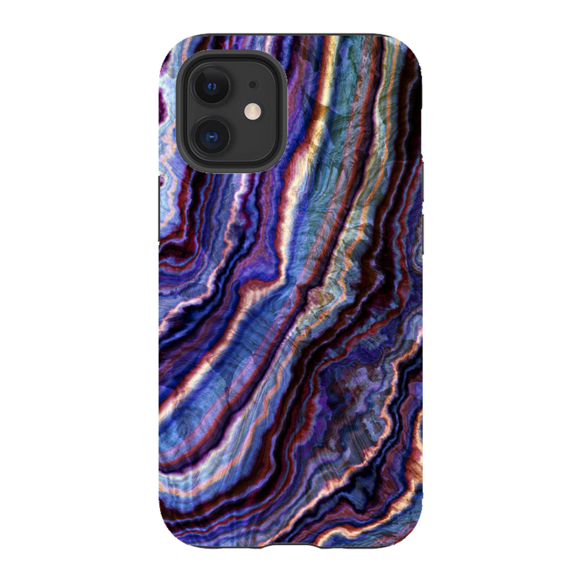 iPhone tough case with a royal agate pattern featuring swirling purple, blue, and gold layers in a durable dual-layer design.
