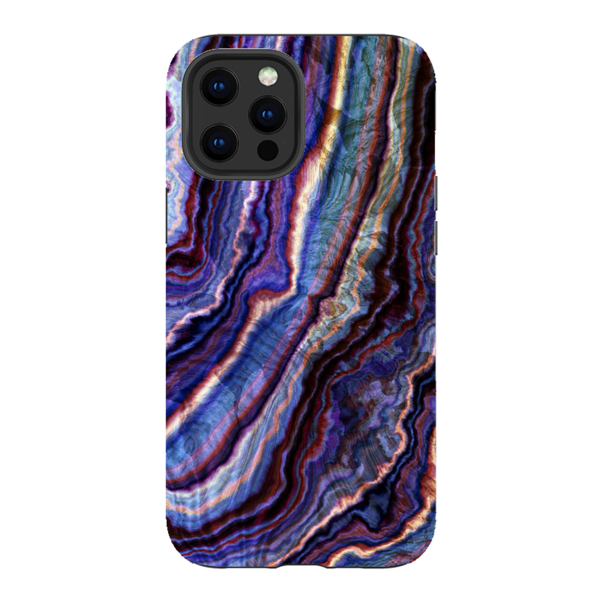 iPhone Tough Case in Royal Agate featuring a dual-layer design with vibrant purple, blue, and gold marble-like patterns.