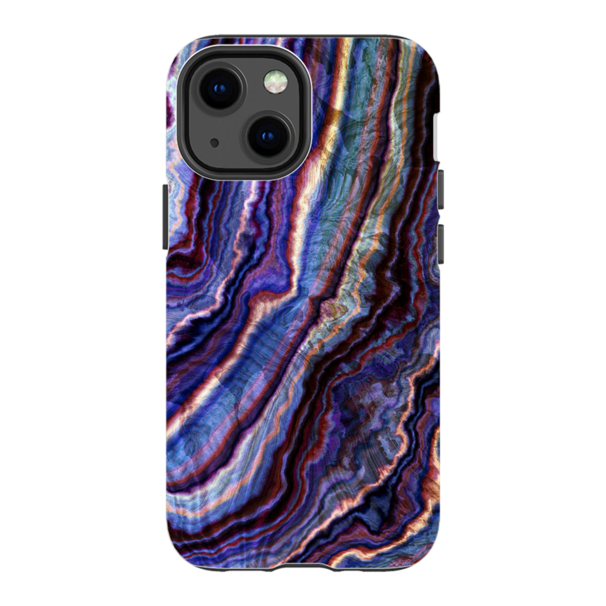 iPhone tough case featuring a royal agate design with swirling purple, blue, and gold patterns and dual-layer protection.
