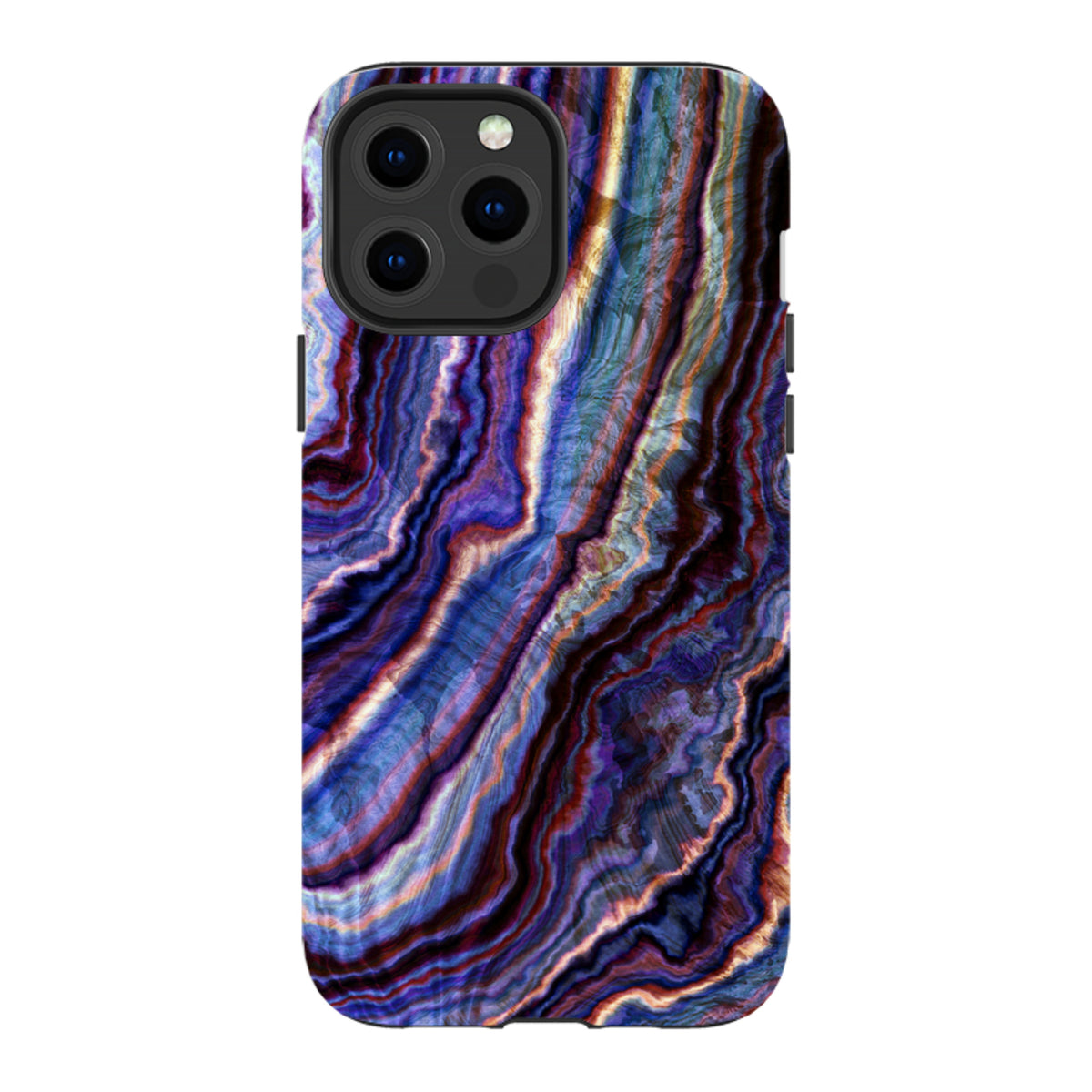 iPhone tough case with a royal agate purple and blue marble pattern, featuring a durable dual-layer protective design.