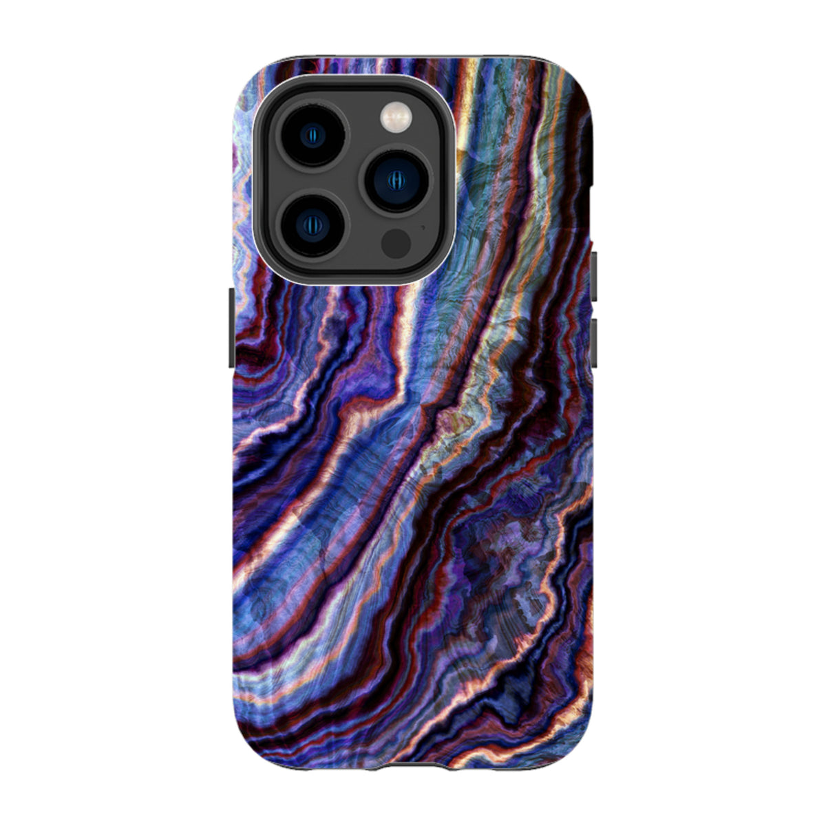 iPhone tough case featuring a royal agate design with swirling purple, blue, and copper layers in a durable dual-layer shell.
