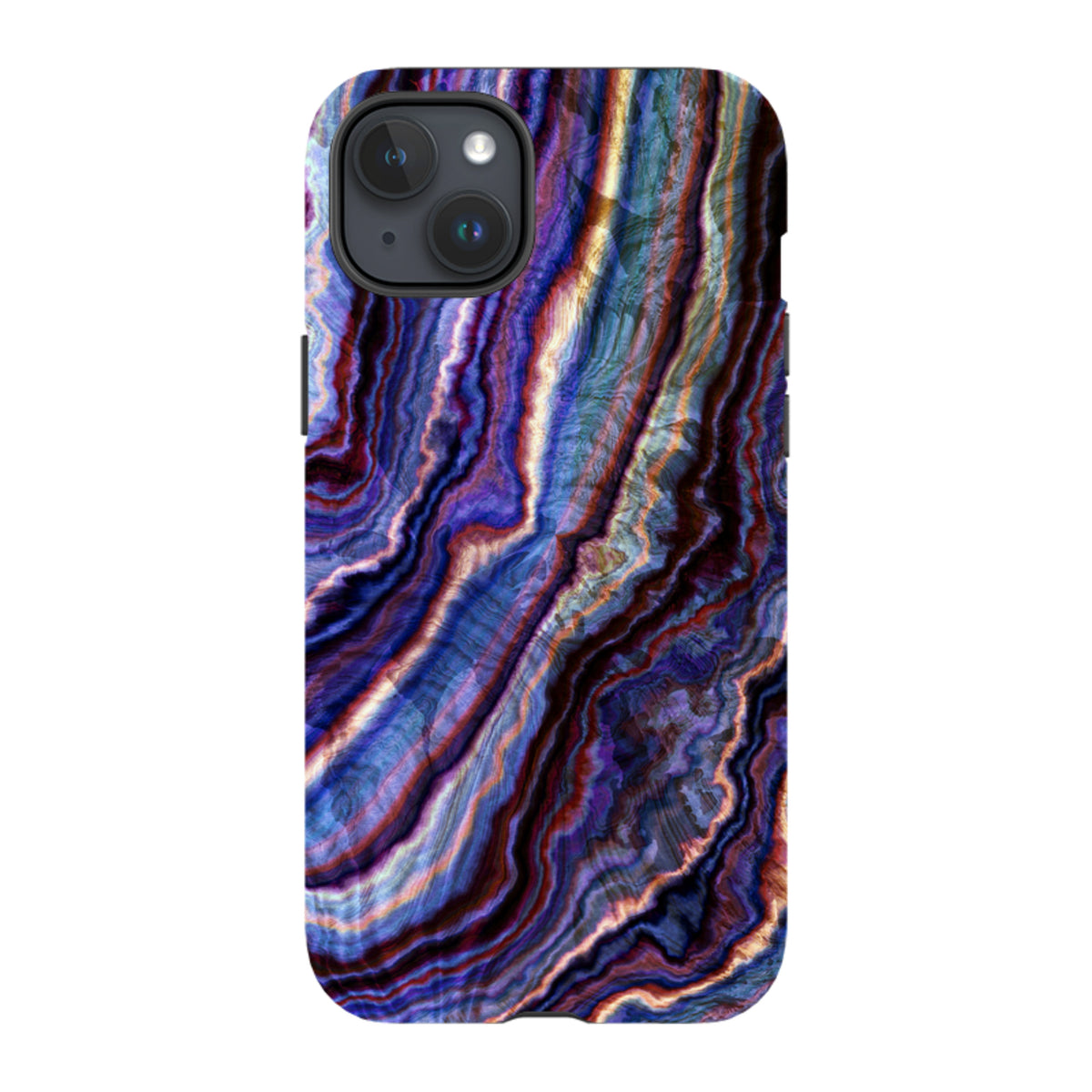 Royal Agate iPhone tough case featuring a dual-layer design with vibrant purple, blue, and gold marbled stone patterns.