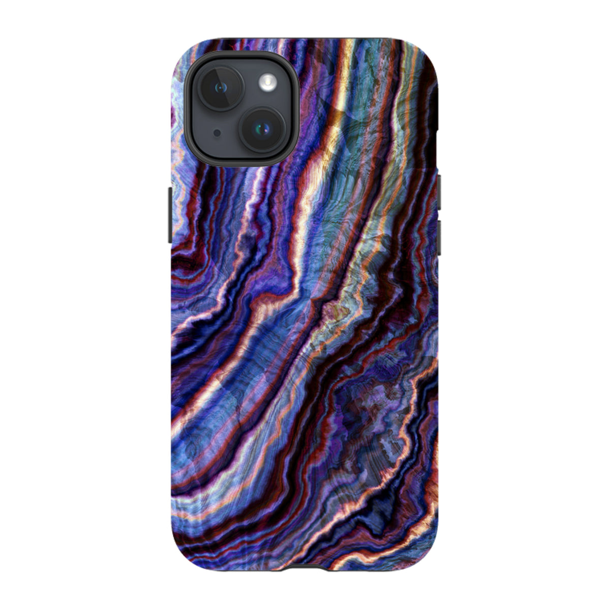 iPhone tough case with a royal agate pattern featuring swirling blue, purple, and gold tones in a dual-layer design.